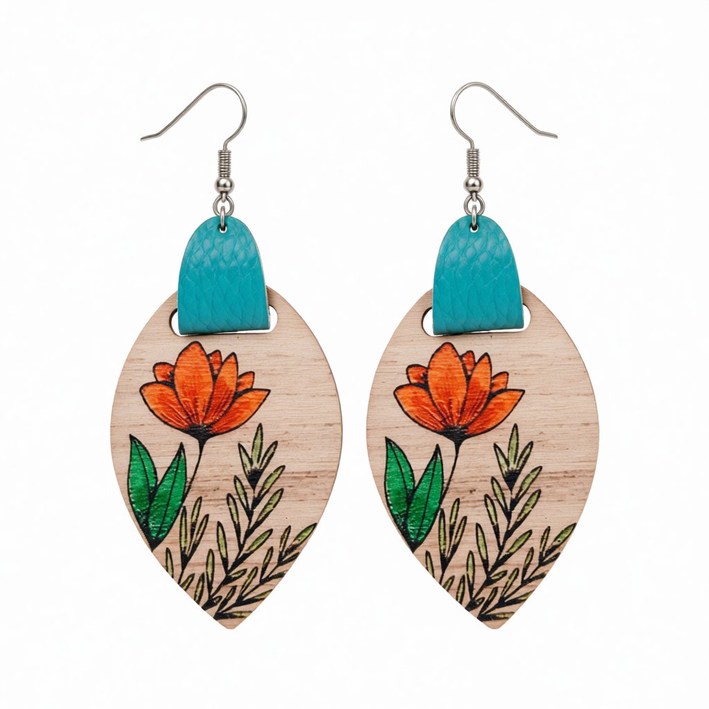 Brown Wood and Silver-Plated Floral Drop Earrings, silver drop earrings for women, everyday style, side view