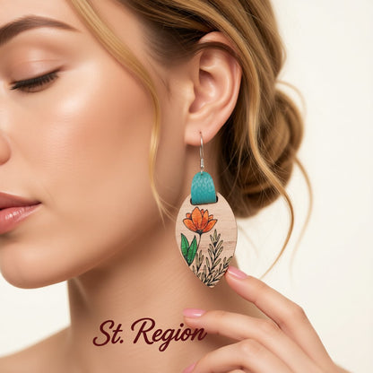 Brown Wood and Silver-Plated Floral Drop Earrings, silver drop earrings for women, everyday style, styled look