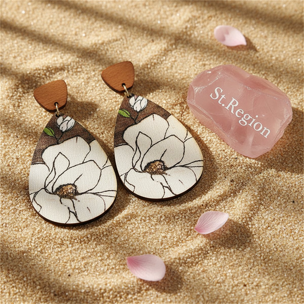Gray and White Floral Wood Drop Earrings, drop earrings for women, vintage-inspired design, detail close-up