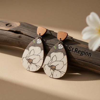 Gray and White Floral Wood Drop Earrings, drop earrings for women, vintage-inspired design, front view