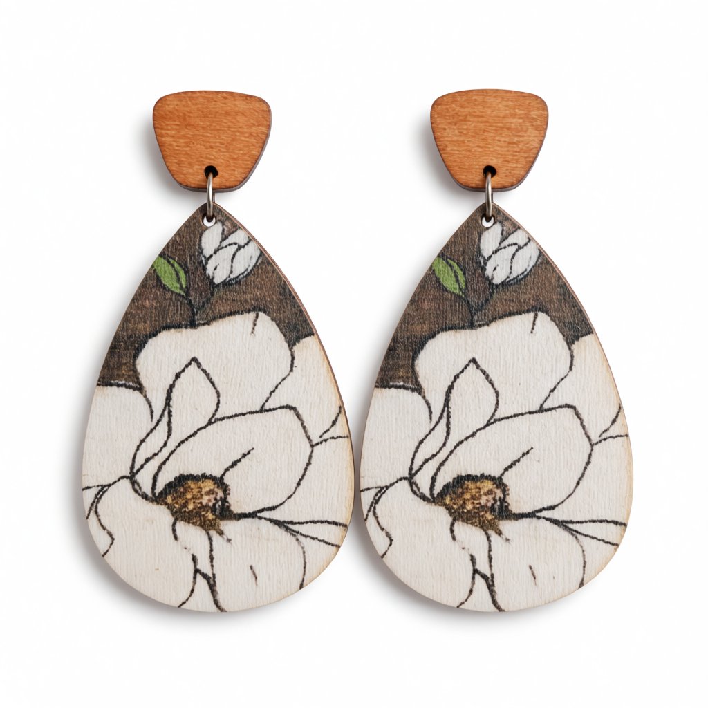 Gray and White Floral Wood Drop Earrings, drop earrings for women, vintage-inspired design, side view