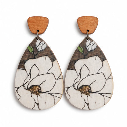 Gray and White Floral Wood Drop Earrings, drop earrings for women, vintage-inspired design, side view