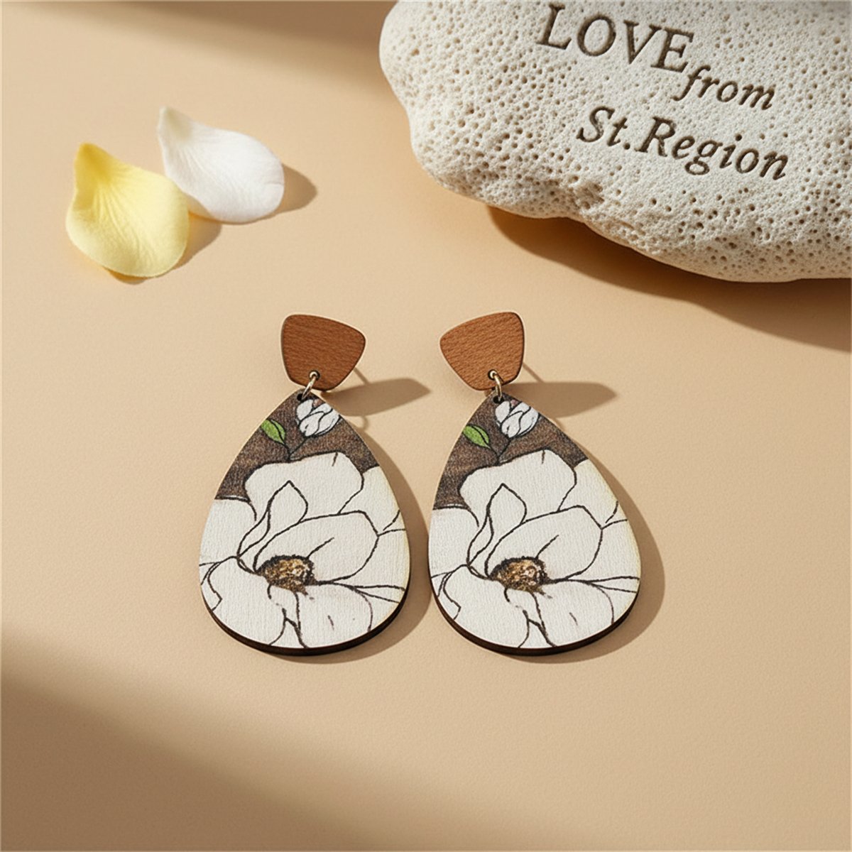 Gray and White Floral Wood Drop Earrings, drop earrings for women, vintage-inspired design, lifestyle look