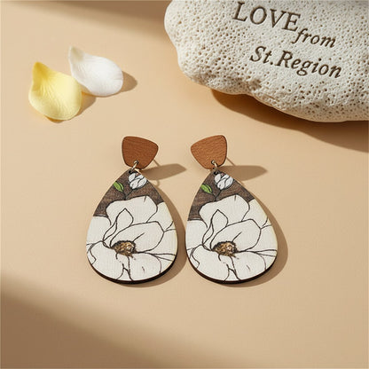 Gray and White Floral Wood Drop Earrings, drop earrings for women, vintage-inspired design, lifestyle look