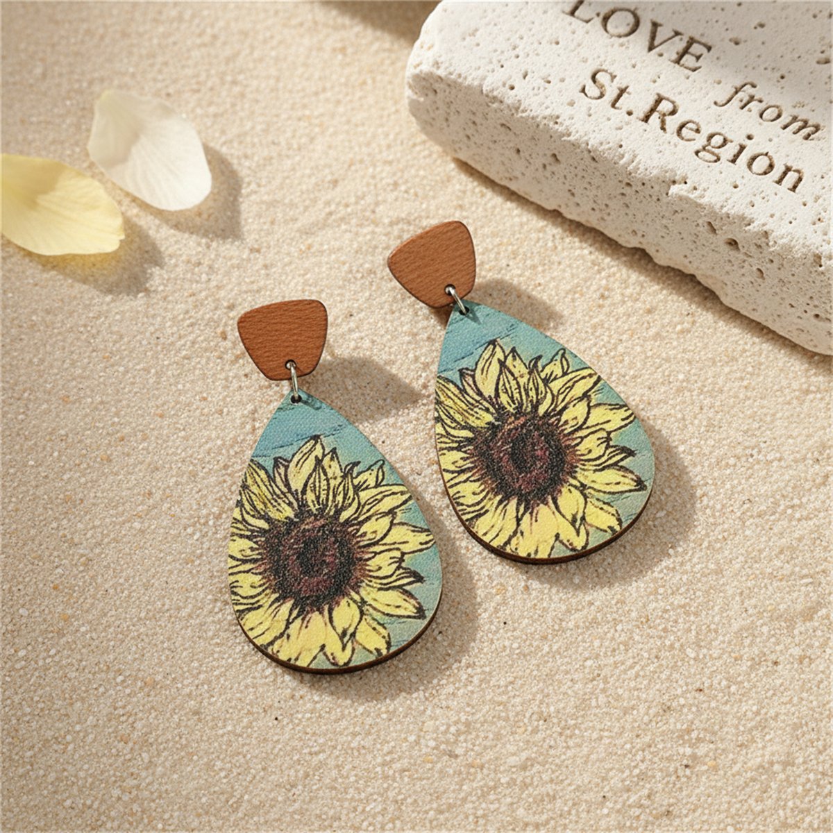 Yellow and Blue Sunflower Wood Drop Earrings, drop earrings for women, vintage-inspired design, lifestyle look