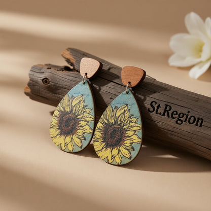 Yellow and Blue Sunflower Wood Drop Earrings, drop earrings for women, vintage-inspired design, front view