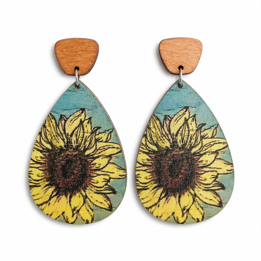 Yellow and Blue Sunflower Wood Drop Earrings, drop earrings for women, vintage-inspired design, side view