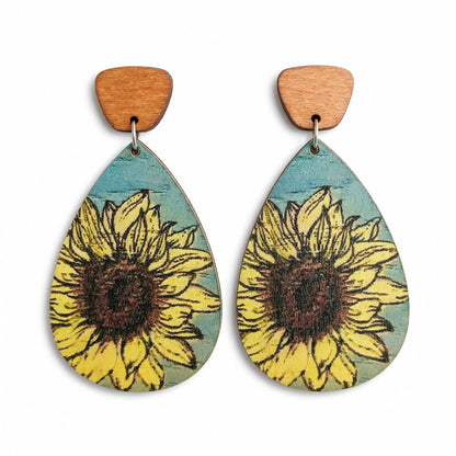 Yellow and Blue Sunflower Wood Drop Earrings, drop earrings for women, vintage-inspired design, side view