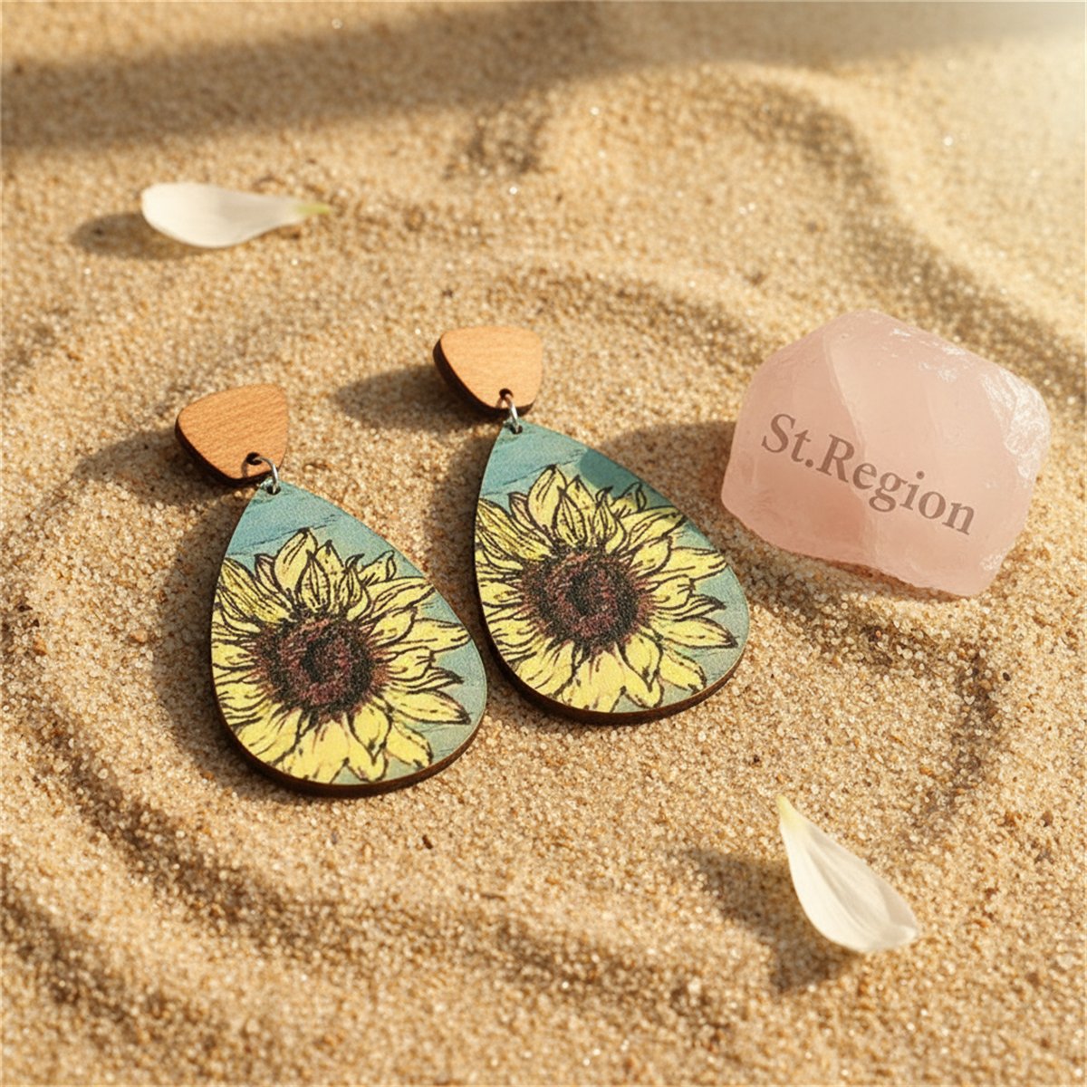Yellow and Blue Sunflower Wood Drop Earrings, drop earrings for women, vintage-inspired design, detail close-up