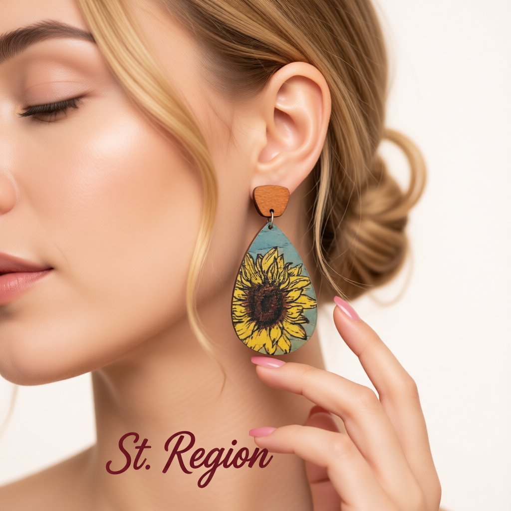 Yellow and Blue Sunflower Wood Drop Earrings, drop earrings for women, vintage-inspired design, styled look