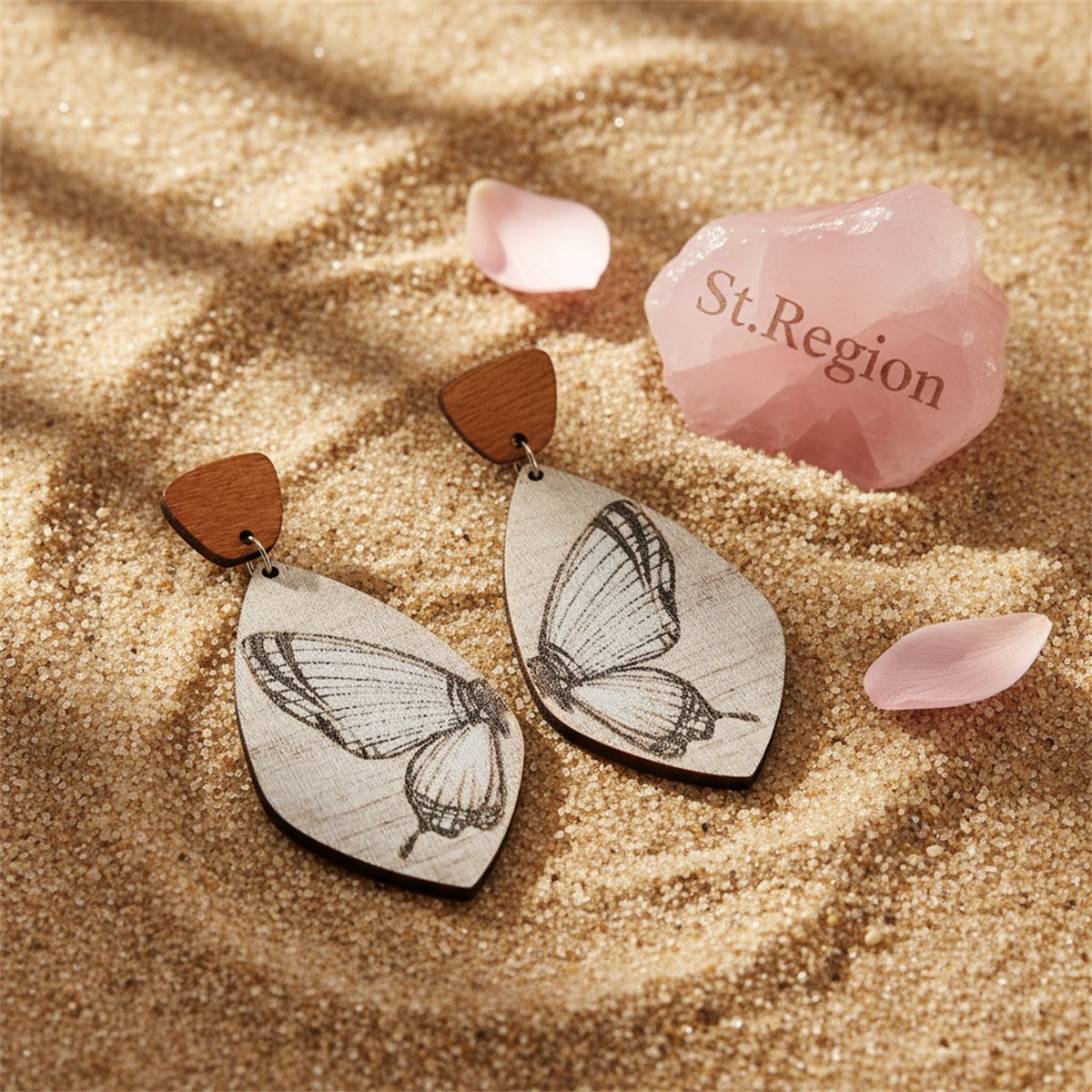 Brown Wood and Silver-Plated Butterfly Oval Drop Earrings, silver drop earrings for women, detail close-up