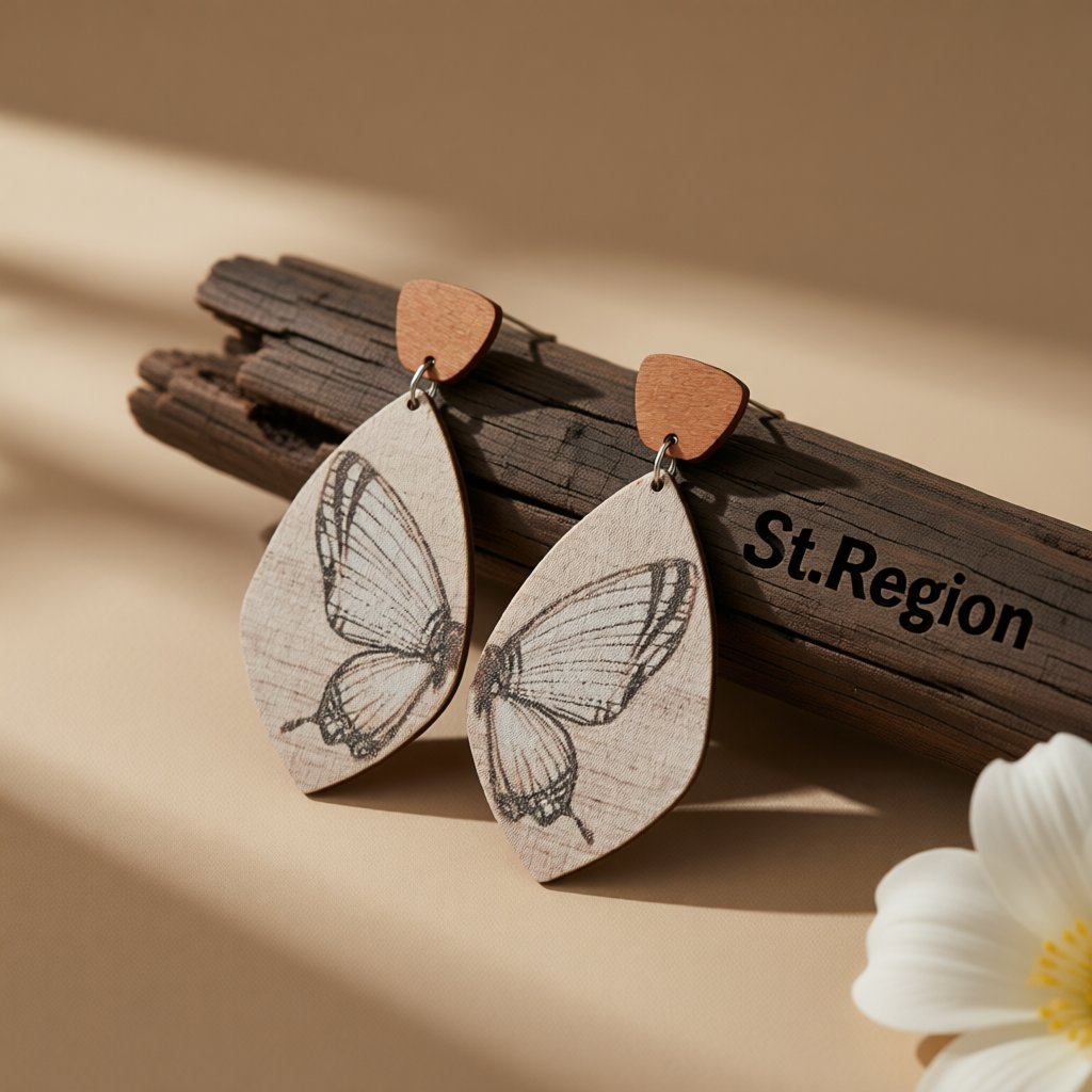 Brown Wood and Silver-Plated Butterfly Oval Drop Earrings, silver drop earrings for women, front view