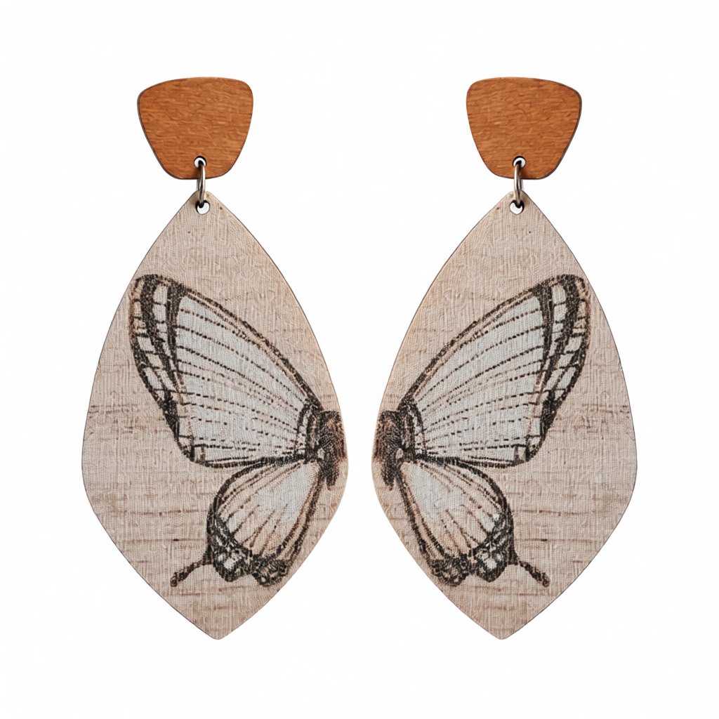 Brown Wood and Silver-Plated Butterfly Oval Drop Earrings, silver drop earrings for women, vintage-inspired design, side view