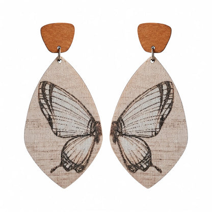 Brown Wood and Silver-Plated Butterfly Oval Drop Earrings, silver drop earrings for women, vintage-inspired design, side view