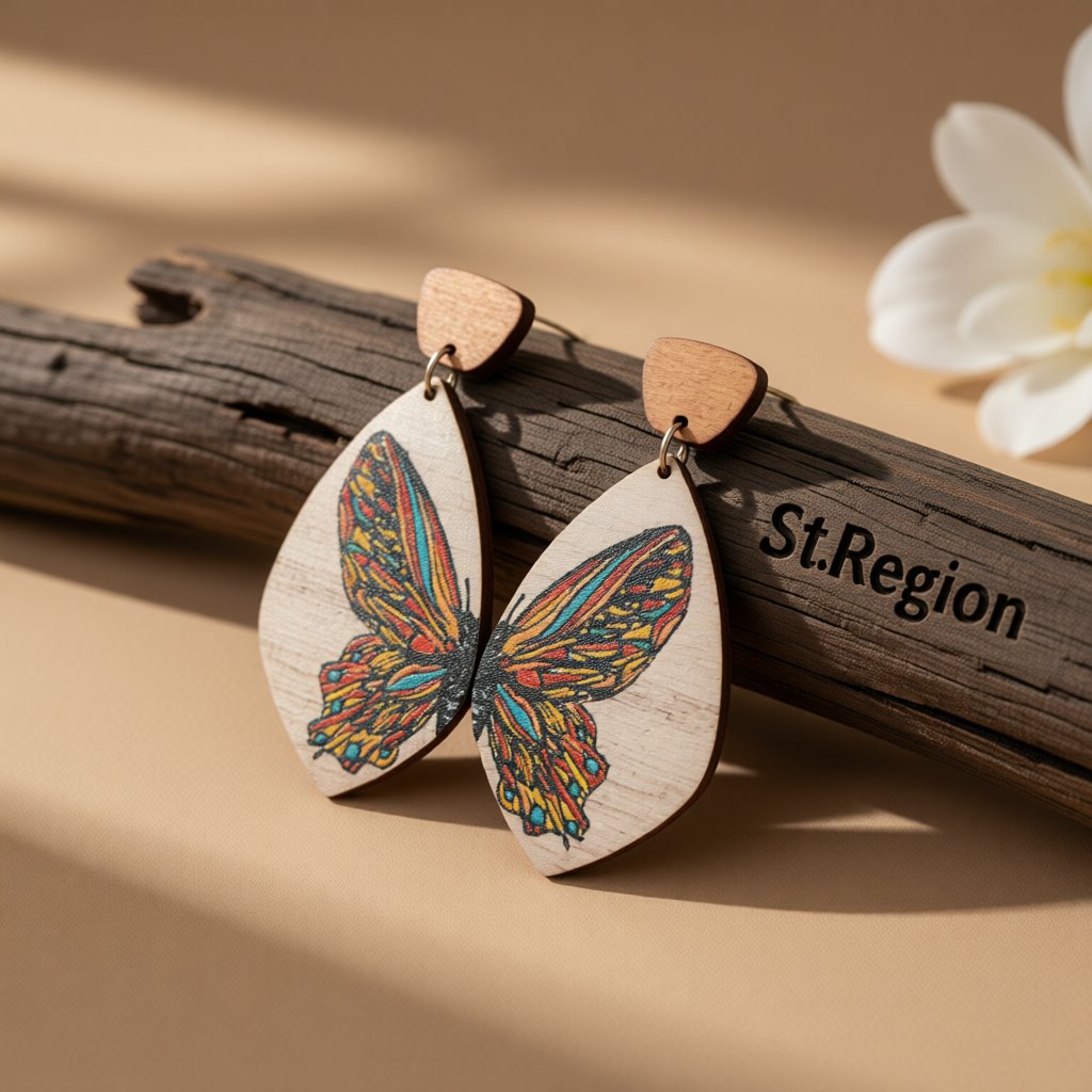 Blue and Orange Butterfly Wood Drop Earrings, drop earrings for women, elegant gift for her, front view