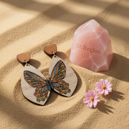 Blue and Orange Butterfly Wood Drop Earrings, drop earrings for women, elegant gift for her, detail close-up