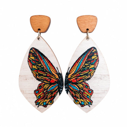 Blue and Orange Butterfly Wood Drop Earrings, drop earrings for women, elegant gift for her, side view