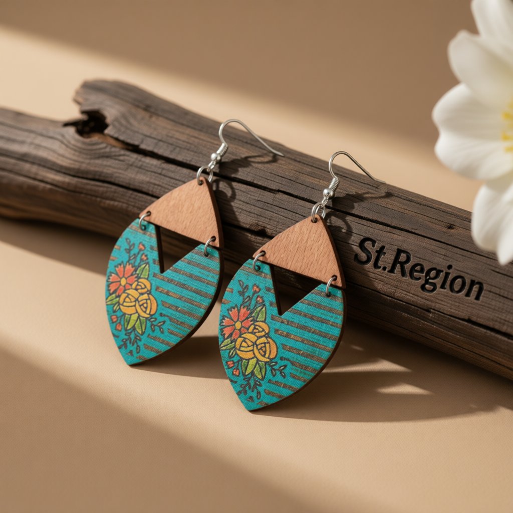 Blue Wood and Silver-Plated Stripped Floral Drop Earrings, silver drop earrings for women, front view