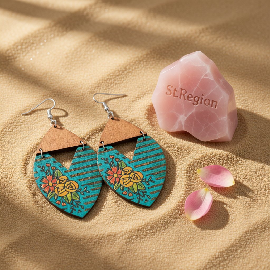 Blue Wood and Silver-Plated Stripped Floral Drop Earrings, silver drop earrings for women, detail close-up