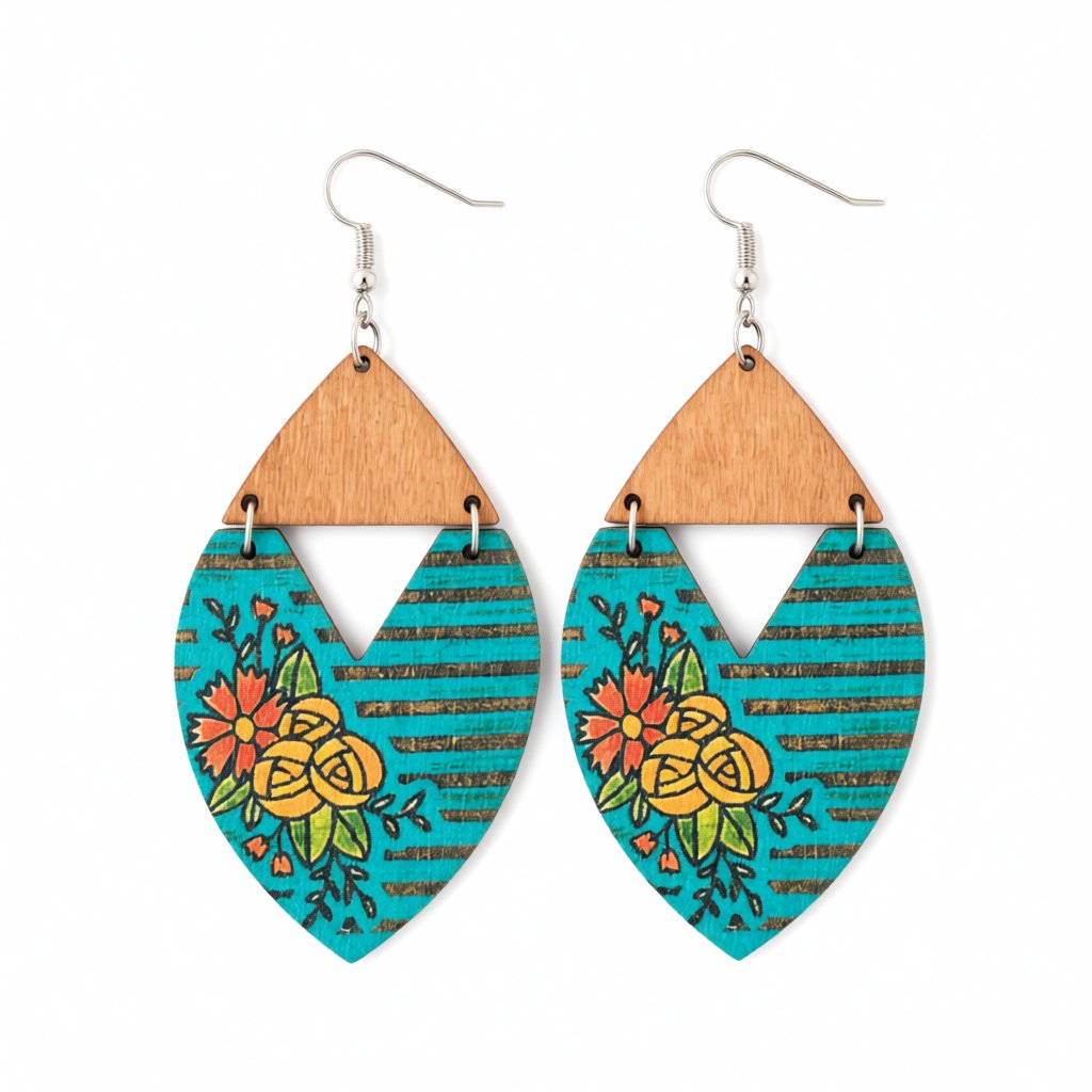 Blue Wood and Silver-Plated Stripped Floral Drop Earrings, silver drop earrings for women, vintage-inspired design, side view