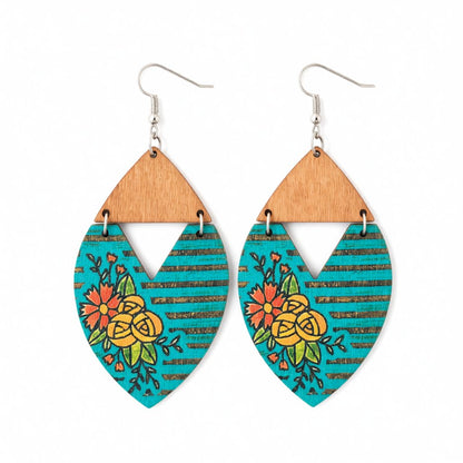 Blue Wood and Silver-Plated Stripped Floral Drop Earrings, silver drop earrings for women, vintage-inspired design, side view