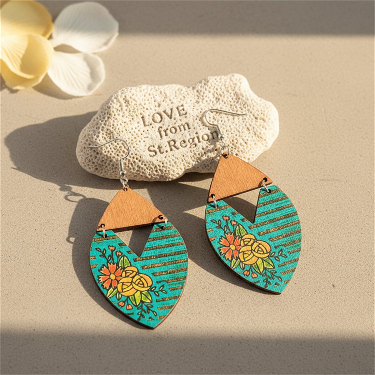 Blue Wood and Silver-Plated Stripped Floral Drop Earrings, silver drop earrings for women, lifestyle look