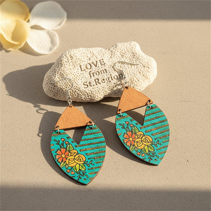 Blue Wood and Silver-Plated Stripped Floral Drop Earrings, silver drop earrings for women, lifestyle look