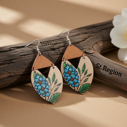 Blue and Brown Floral Wood Drop Earrings, drop earrings for women, everyday style, front view