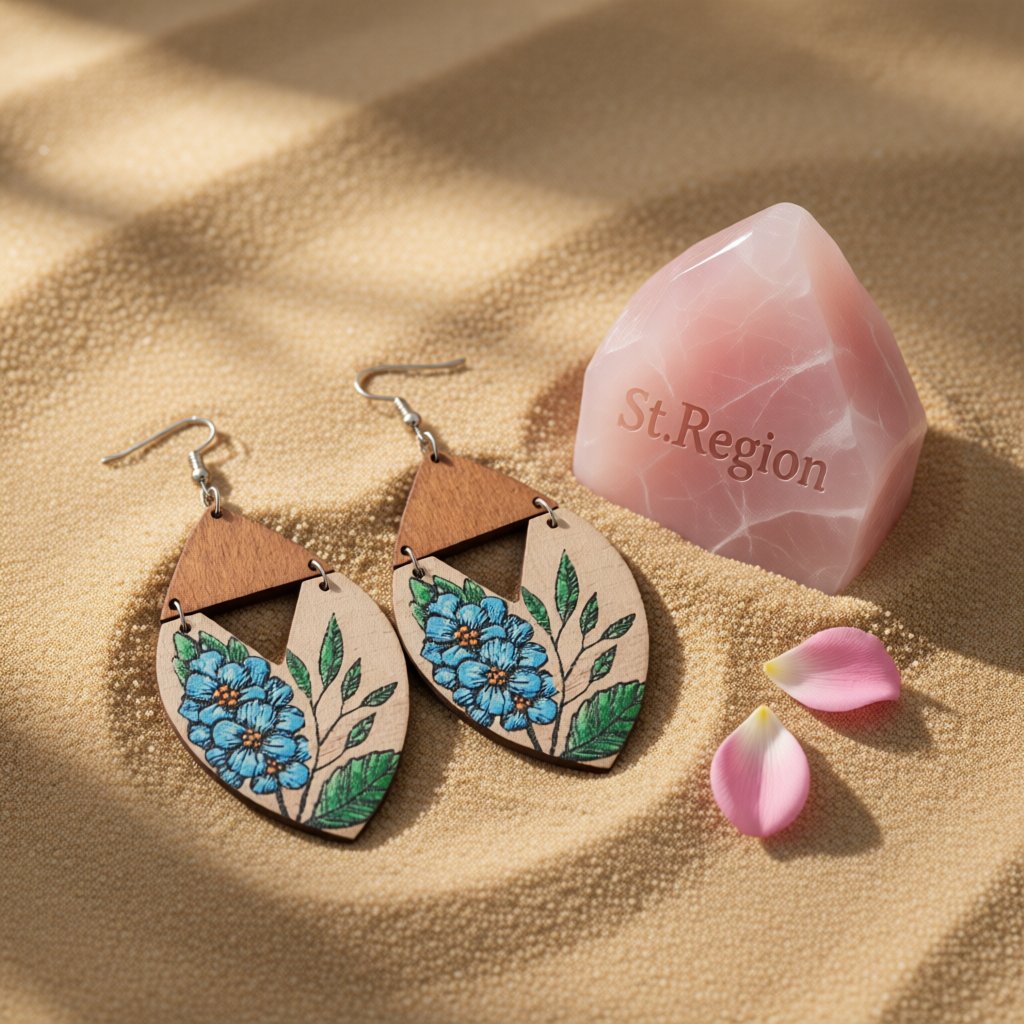 Blue and Brown Floral Wood Drop Earrings, drop earrings for women, everyday style, detail close-up