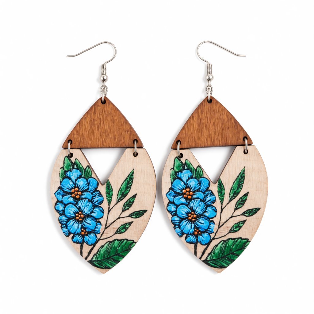 Blue and Brown Floral Wood Drop Earrings, drop earrings for women, everyday style, side view