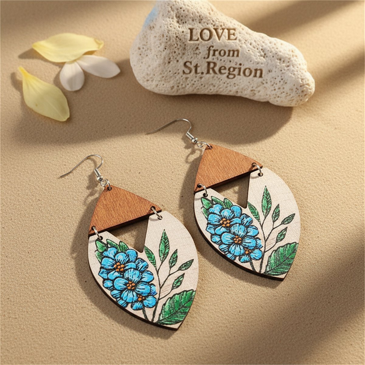 Blue and Brown Floral Wood Drop Earrings, drop earrings for women, everyday style, lifestyle look
