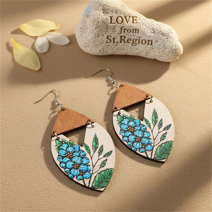 Blue and Brown Floral Wood Drop Earrings, drop earrings for women, everyday style, lifestyle look