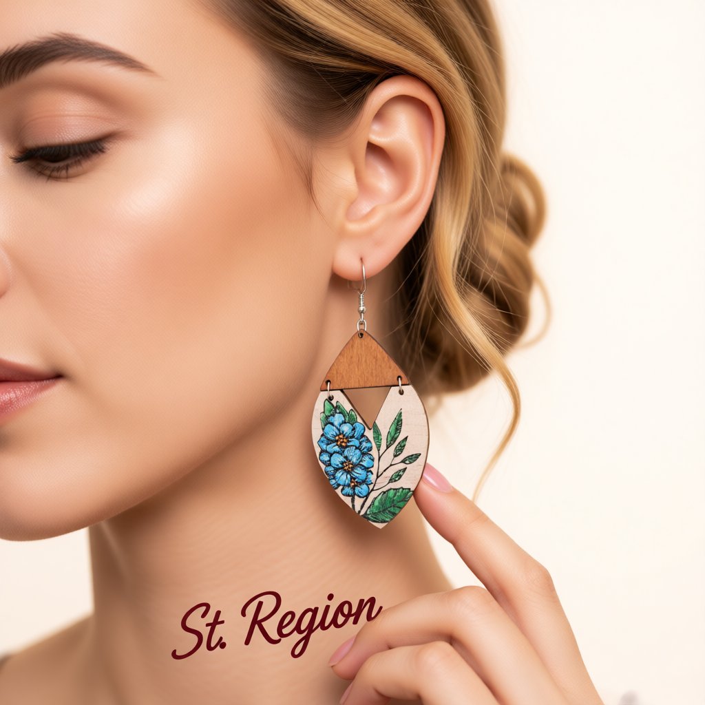Blue and Brown Floral Wood Drop Earrings, drop earrings for women, everyday style, styled look