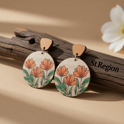 Yellow and Brown Sunflowers Wood Drop Earrings, drop earrings for women, botanical inspired, front view
