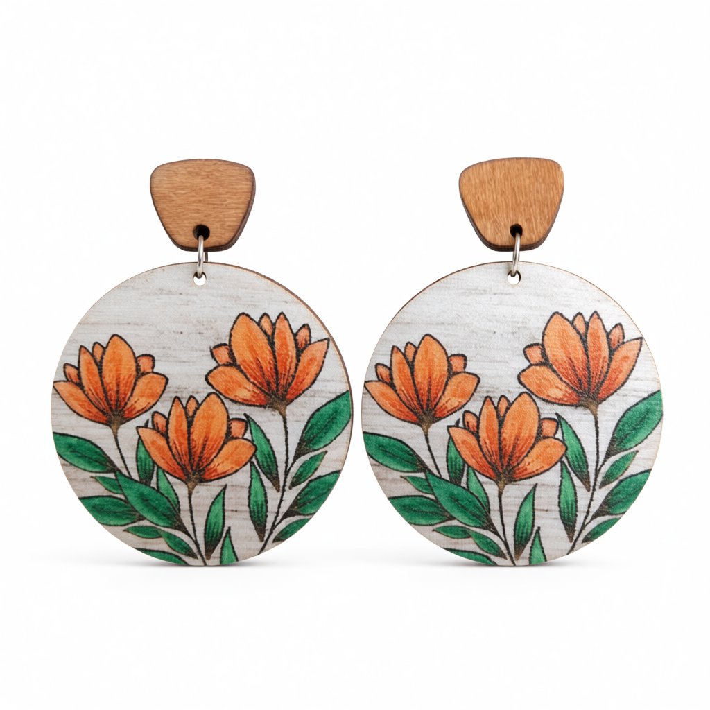 Yellow and Brown Sunflowers Wood Drop Earrings, drop earrings for women, botanical inspired, side view