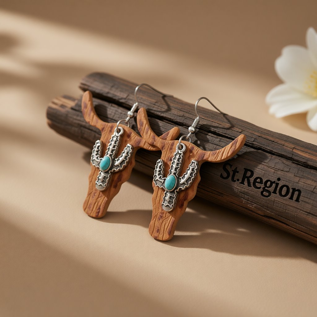 Brown Polystyrene and Turquoise Cattle Cactus Drop Earrings, drop earrings for women, vintage-inspired design, front view