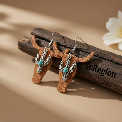 Brown Polystyrene and Turquoise Cattle Cactus Drop Earrings, drop earrings for women, vintage-inspired design, front view