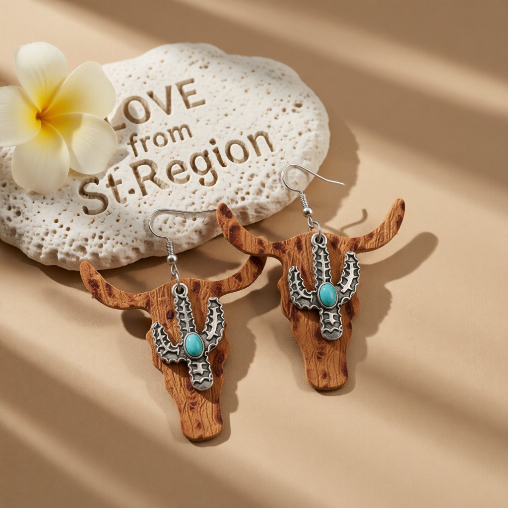 Brown Polystyrene and Turquoise Cattle Cactus Drop Earrings, drop earrings for women, vintage-inspired design, lifestyle look