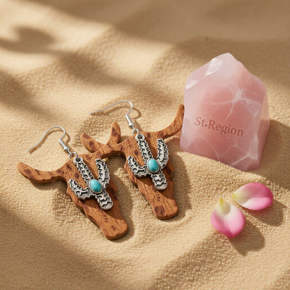 Brown Polystyrene and Turquoise Cattle Cactus Drop Earrings, drop earrings for women, detail close-up