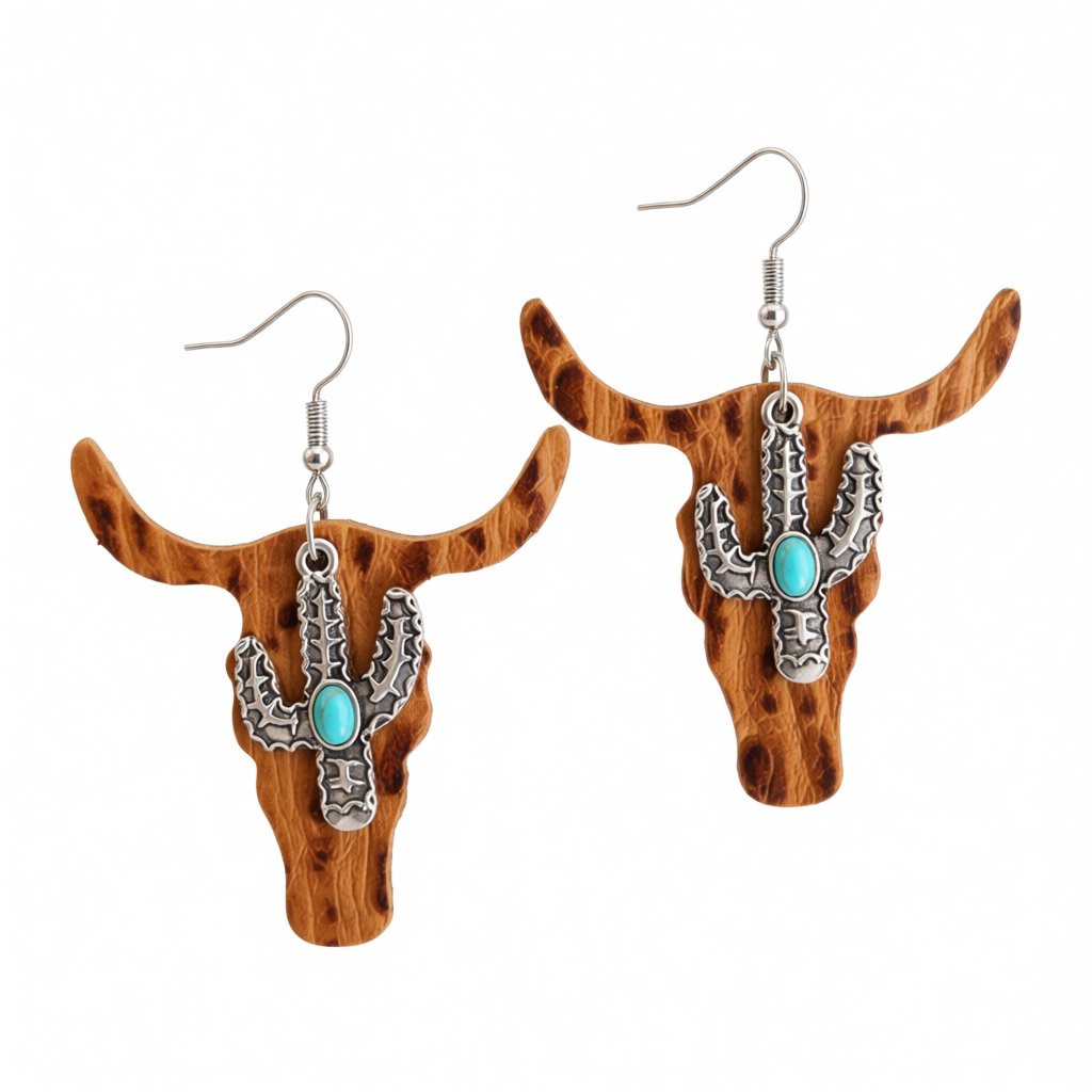 Brown Polystyrene and Turquoise Cattle Cactus Drop Earrings, drop earrings for women, vintage-inspired design, side view