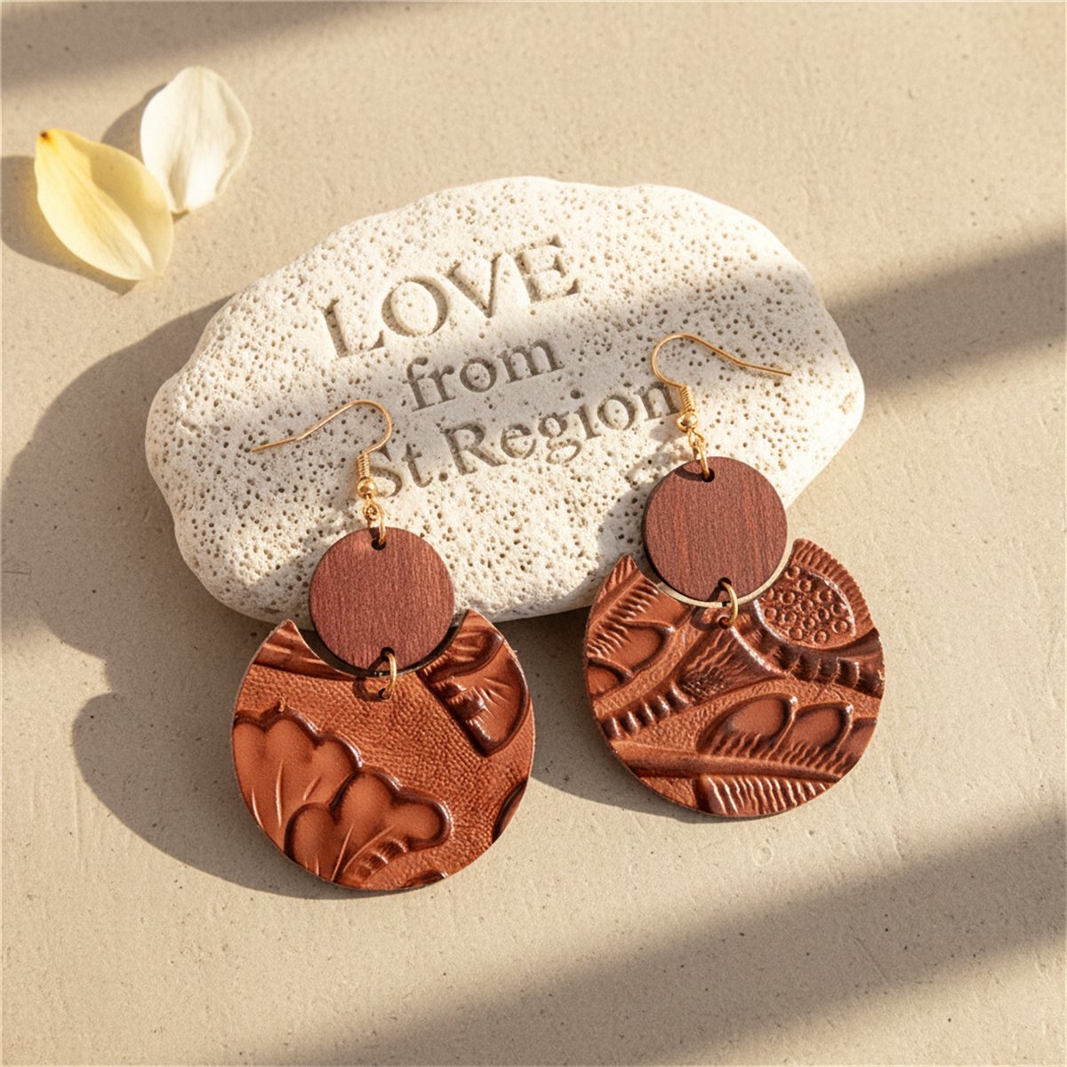 Red and Brown Floral Embossed Round Drop Earrings, drop earrings for women, vintage-inspired design, lifestyle look