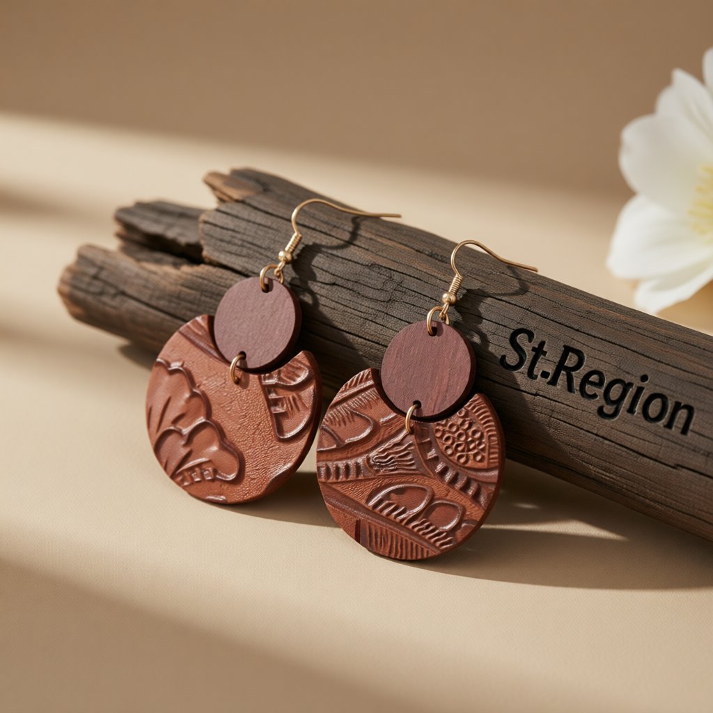 Red and Brown Floral Embossed Round Drop Earrings, drop earrings for women, vintage-inspired design, front view