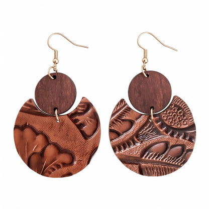 Red and Brown Floral Embossed Round Drop Earrings, drop earrings for women, vintage-inspired design, side view