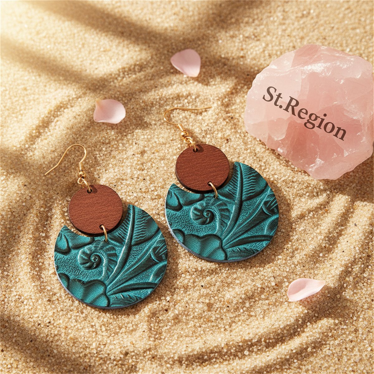Blue and Brown Floral Embossed Round Drop Earrings, drop earrings for women, vintage-inspired design, detail close-up