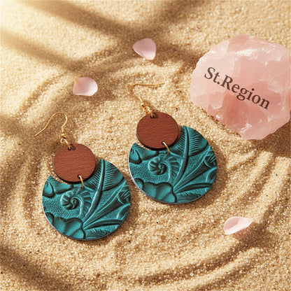 Blue and Brown Floral Embossed Round Drop Earrings, drop earrings for women, vintage-inspired design, detail close-up