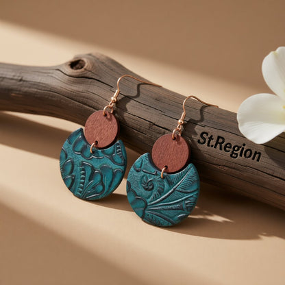 Blue and Brown Floral Embossed Round Drop Earrings, drop earrings for women, vintage-inspired design, front view