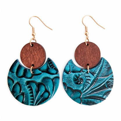 Blue and Brown Floral Embossed Round Drop Earrings, drop earrings for women, vintage-inspired design, side view