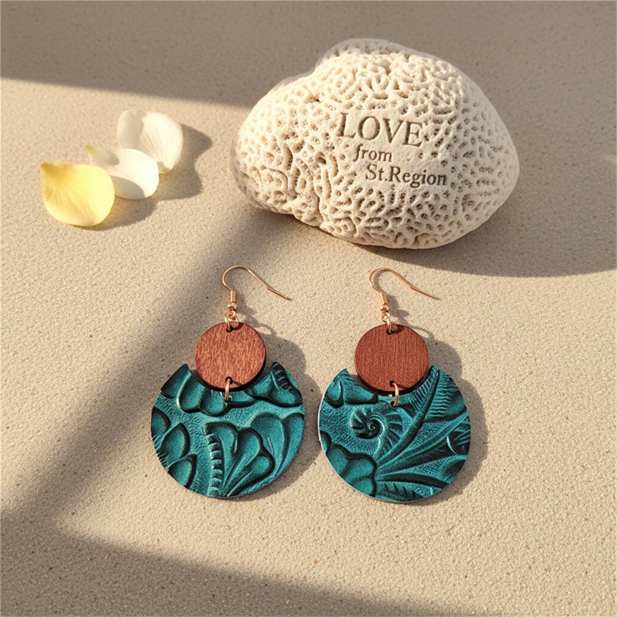 Blue and Brown Floral Embossed Round Drop Earrings, drop earrings for women, vintage-inspired design, lifestyle look