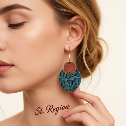 Blue and Brown Floral Embossed Round Drop Earrings, drop earrings for women, vintage-inspired design, styled look