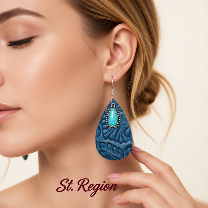 Navy Polystyrene and Turquoise Floral Embossed Drop Earrings, drop earrings for women, vintage-inspired design, styled look